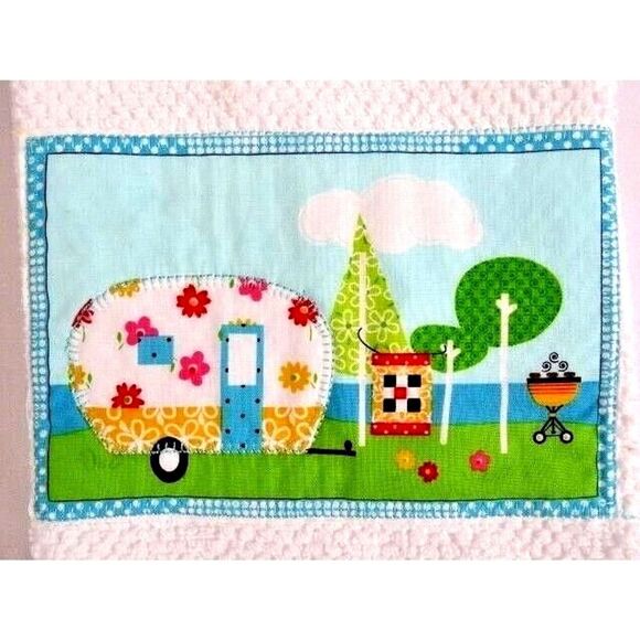Retro Floral Trailer Camper Kitchen Towel Handmade Applique White Cotton Gift - Picture 2 of 3